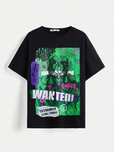 Women Casual Anime Character & Letter Print Drop Shoulder Loose Black T-Shirt, Summer